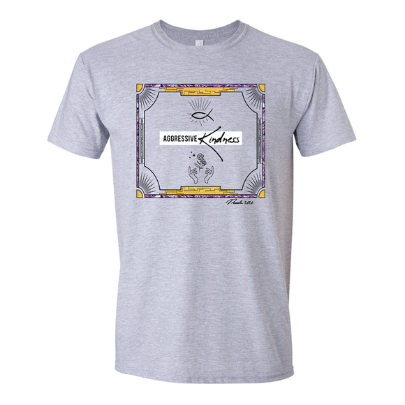 Crew Neck T-Shirt: Light Grey / Aggressive Kindness (Unisex)